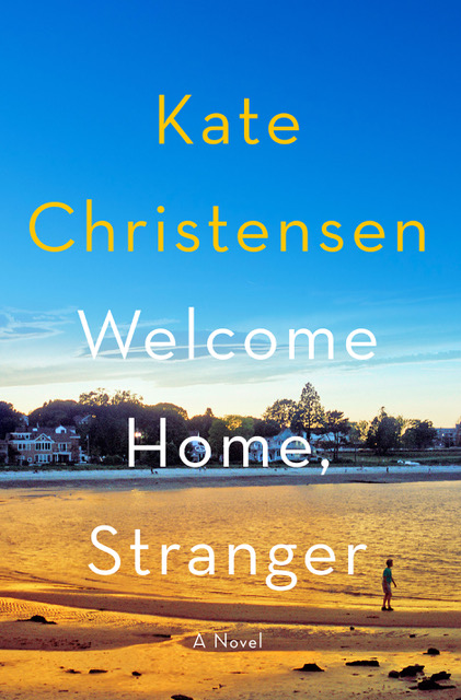 Cover image for the novel Welcome Home, Stranger. There is a small figure on a curve of shoreline with houses on the edge and blue sky above
